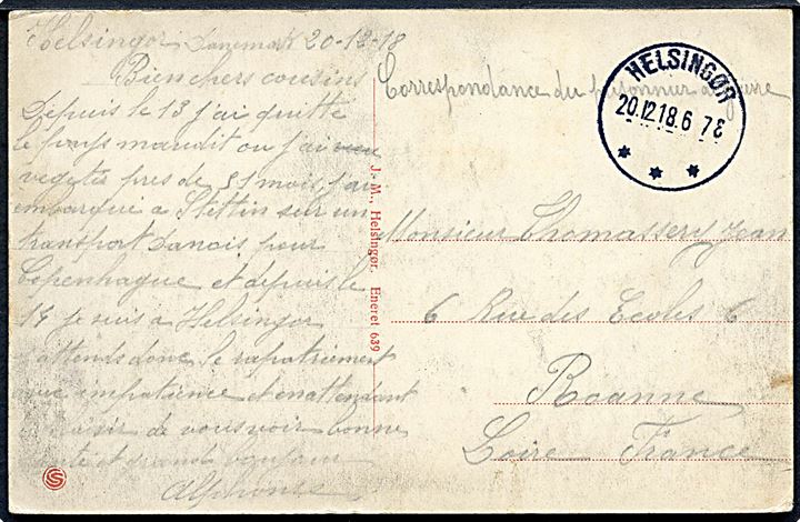 Ufrankeret krigsfangekort stemplet Helsingør d. 20.12.1918 til Frankrig. Sendt fra fransk transitfange på gennemrejse fra fangenskab i Tyskland til Frankrig.