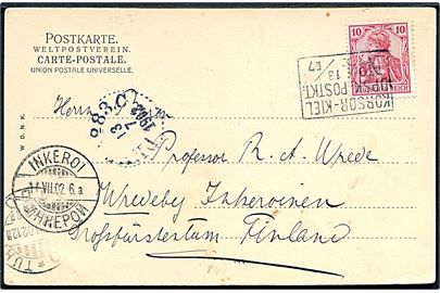 10 pfg. Germania på brevkort fra Kiel annulleret med skibsstempel Korsør - Kiel DPSK:POSTKT: No. 4 d. 13.7.1902 via svensk bureau PKXP no. 83C og Turku til Inkeroi, Finland.