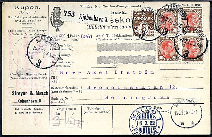 5 øre Bølgelinie og 90 øre Chr. X i fireblok med perfin S.&M. på internationalt adressekort for pakke fra firma Strøyer & Mørck A/S i Kjøbenhavn d. 14.3.1922 via Malmö til Helsingfors, Finland.