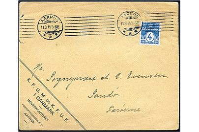 4 øre Bølgelinie på fortrykt kuvert fra KFUM og KFUK i Danmark sendt som tryksag fra Aarhus d. 11.3.1914 via Kjøbenhavn til Sandø på Færøerne.