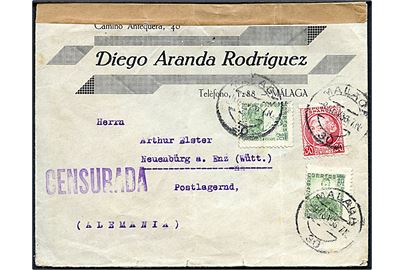 10 cts. (2) og 30 cts. på brev fra Malaga d. 9.11.1936 til Neuenburg am Enz, Tyskland. Lokal spansk censur.