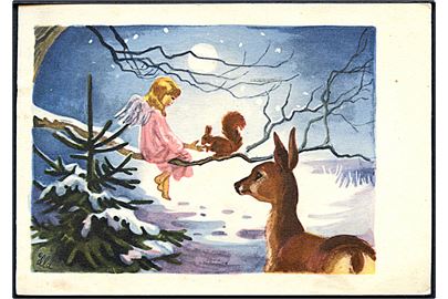 Illa Winkelhorn: Jul. Engel og egern sidder på en gren. Stenders, serie 292. 