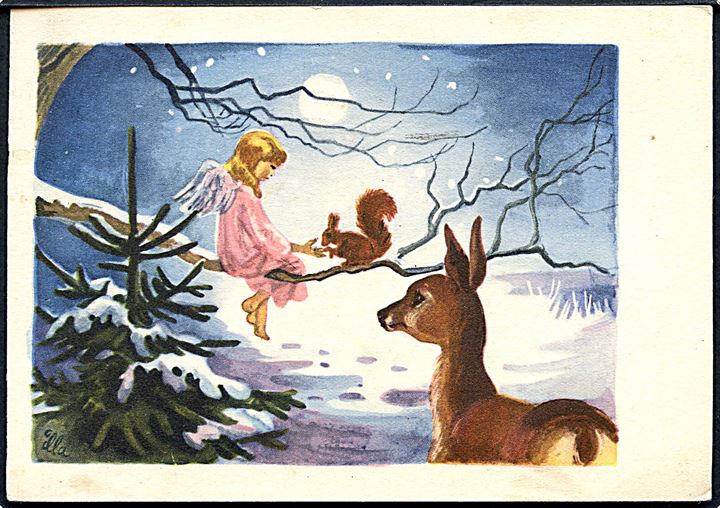Illa Winkelhorn: Jul. Engel og egern sidder på en gren. Stenders, serie 292. 