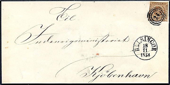 4 R.B.S. Thiele III tæt klippet på brevomslag annulleret med nr.stempel 24 og sidestemplet antiqua Helsingør d. 18.11.1854 til Kjøbenhavn. Del afg bagside mgl.
