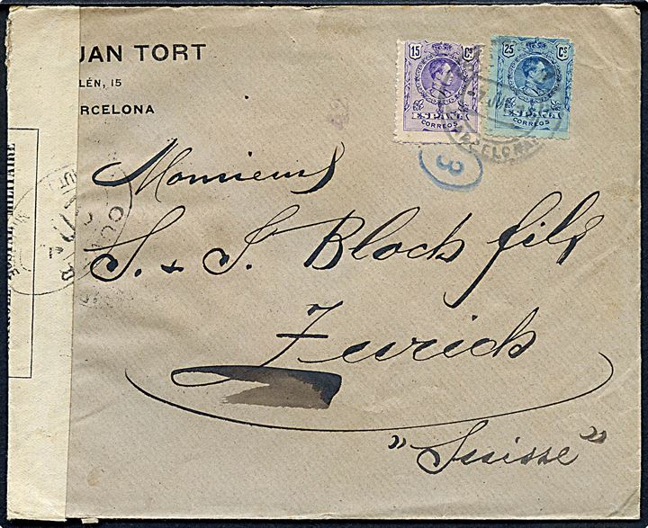 15 cts. og 25 cts. Alfonso XIII på brev fra Barcelona d. x.7.1916 til Zürich, Schweiz. Åbnet af fransk censur no. 203.