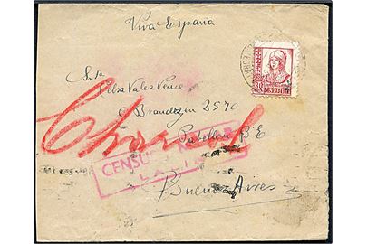 30 cts. Isabel på brev annulleret med svagt stempel .... / (Pontevedra) d. 27.2.1938 via Vigo-Cambio (Pontevedra) d. 1.3.1938 til Buenes Aires, Argentina. Lokal spansk censur fra Lalin (?).