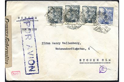 70 cts. og 1 pta. (3) Franco på luftpostbrev fra Madrid d. x.7.1941 til Stockholm, Sverige. Åbnet af spansk censur i Madrid og tysk censur i München.