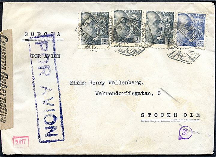 70 cts. og 1 pta. (3) Franco på luftpostbrev fra Madrid d. x.7.1941 til Stockholm, Sverige. Åbnet af spansk censur i Madrid og tysk censur i München.