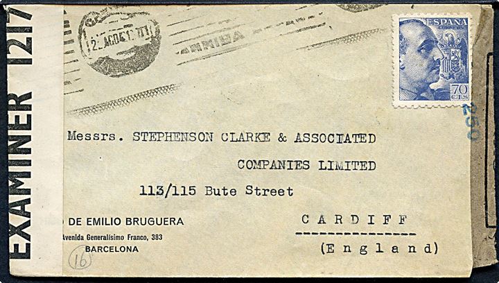 70 cts. Franco på brev fra Barcelona d. 22.8.1941 til Cardiff, England. Åbnet af lokal spansk censur i Barcelona og britisk censur PC90/1217.