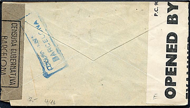70 cts. Franco på brev fra Barcelona d. 22.8.1941 til Cardiff, England. Åbnet af lokal spansk censur i Barcelona og britisk censur PC90/1217.