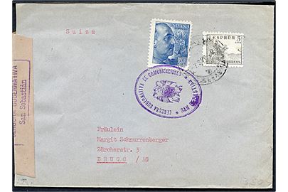 5 cts. Rytter og 70 cts. Franco på brev fra Zaraus d. 7.9.1942 til Brugg, Schweiz. Åbnet af lokal spansk censur i San Seastian.