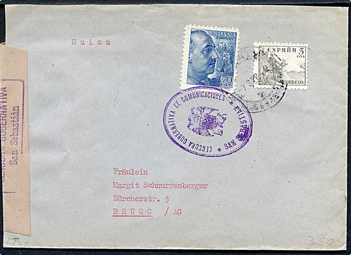 5 cts. Rytter og 70 cts. Franco på brev fra Zaraus d. 7.9.1942 til Brugg, Schweiz. Åbnet af lokal spansk censur i San Seastian.