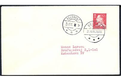 50 øre Fr. IX på filatelistisk feltpostbrev annulleret Holbæk d. 21.9.1965 og sidestemplet brotype IIc Feltpost d. 21.9.1965 til København.