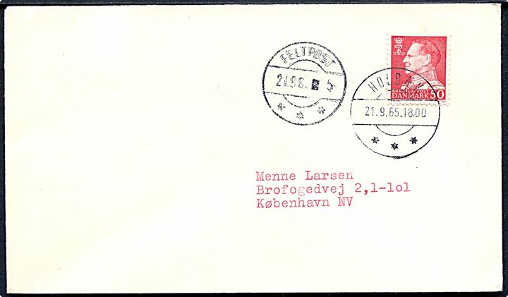50 øre Fr. IX på filatelistisk feltpostbrev annulleret Holbæk d. 21.9.1965 og sidestemplet brotype IIc Feltpost d. 21.9.1965 til København.