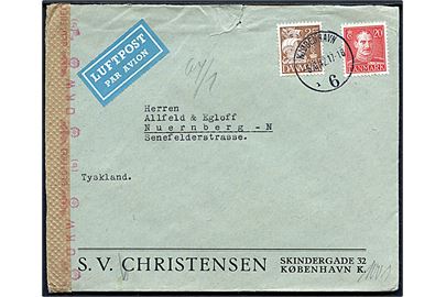 20 øre Chr. X og 25 øre Karavel på luftpostbrev fra Kjøbenhavn 6 d. 5.10.1942 til Nürnberg, Tyskland. Åbnet af tysk censur i Berlin. Rift i toppen.