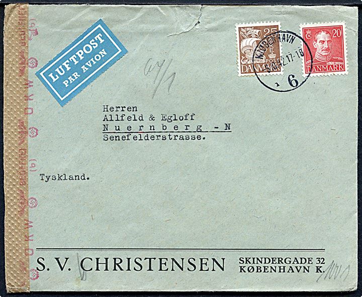 20 øre Chr. X og 25 øre Karavel på luftpostbrev fra Kjøbenhavn 6 d. 5.10.1942 til Nürnberg, Tyskland. Åbnet af tysk censur i Berlin. Rift i toppen.