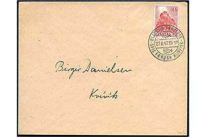 20 øre DSB Jubilæum på brev annulleret med klipfiskstempel Klaksvig Færøerne d. 27.6.1947 til Kvivik.