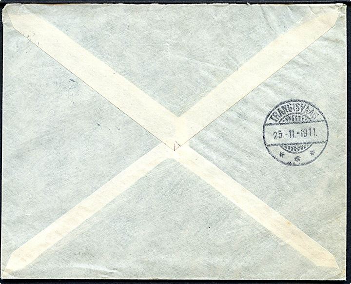 10 øre Fr. VIII på fortrykt kuvert fra Føroya Banki annulleret med brotype Ig Thorshavn d. 24.11.1911 til Trangisvaag. På bagsiden ank.stemplet med brotype Ig Trangisvaag d. 25.11.1911.