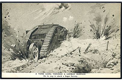 Britisk Mark tank under angreb på Vestfronten ved Flers–Courcelette 1916. Delta Fine Art u/no.