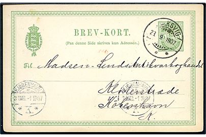 5 øre Våben helsagsbrevkort annulleret med brotype Ig Klaksvig d. 23.9.1907 til Kjøbenhavn. Ank.stemplet d. 1.10.1907.