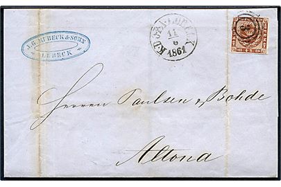 4 sk. 1858 udg. på brev annulleret med nr.stempel 3 og sidestemplet antiqua K.D.O.P.A. Luebeck d. 11.6.1861 til Altona.