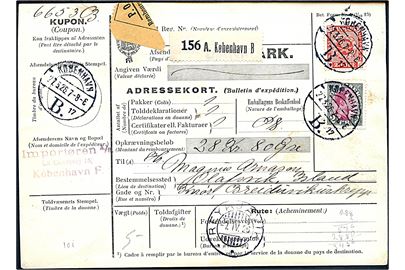 20 øre Frimærkejubilæum og 2 kr. Chr. X på internationalt adressekort for pakke med opkrævning fra København B. d. 27.3.1926 via Reykjavik til Olafsvik, Island.