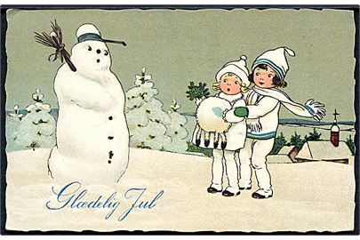 Glædelig Jul. Snemand og børn. H. W. B. serie 2216. 
