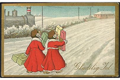 Ukendt Kunstner: Glædelig Jul. Piger med pakker. Lokomotiv ses ved siden af dem. Alex Vincents, serie 29 / 1. (Anvendt 25.12.14). 