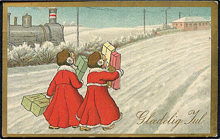 Ukendt Kunstner: Glædelig Jul. Piger med pakker. Lokomotiv ses ved siden af dem. Alex Vincents, serie 29 / 1. (Anvendt 25.12.14). 