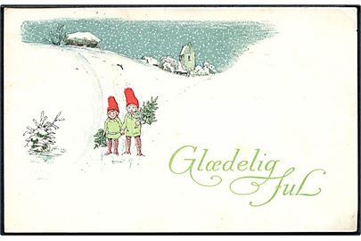 Ukendt Kunstner: Glædelig Jul. Nisser med juletræer. Alex Vincents, serie 341 / 5. (Anvendt 24.12.18). 