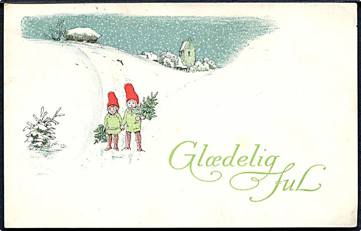 Ukendt Kunstner: Glædelig Jul. Nisser med juletræer. Alex Vincents, serie 341 / 5. (Anvendt 24.12.18). 
