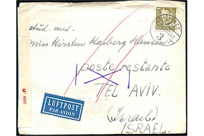 90 øre Fr. IX single på luftpostbrev fra Ålborg d. 26.5.1958 til poste restante i Tel Aviv, Israel. Retur som ikke afhentet. Åbnet af israelsk censur.
