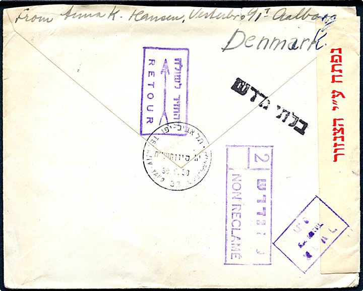 90 øre Fr. IX single på luftpostbrev fra Ålborg d. 26.5.1958 til poste restante i Tel Aviv, Israel. Retur som ikke afhentet. Åbnet af israelsk censur.