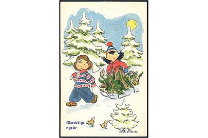 Iben Clante: Glædeligt Nytår. Børn har fældet juletræ og trækker det på kælk. Stenders, serie 1094. 