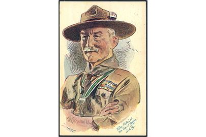 Robert Baden Powell. Stifter af spejderbevægelsen. Efter maleri af Mr. David Jagger ved Axel Mathiesen. Det danske Spejderkorps u/no. 
