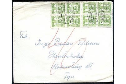 Ufrankeret brev fra Charlottenlund 1949 til Holmstrup på Fyn. Udtakseret i porto med 5 øre Gebyrmærke i to fireblokke anvendt som portomærker stemplet Holmstrup d. 28.11.1949.