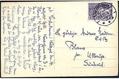 15 øre Postjubilæum på brevkort (Hirsholmene fyr) dateret på Hirsholmene d. 14.8.1951 og annulleret Frederikshavn d. 14.8.1951 til Blans pr. Ullerup.