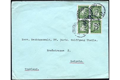 10 øre Chr. IV og Chr. X Postjubilæum i sammentrykt fireblok på brev fra Kjøbenhavn d. 30.5.1925 til Leipzig, Tyskland.