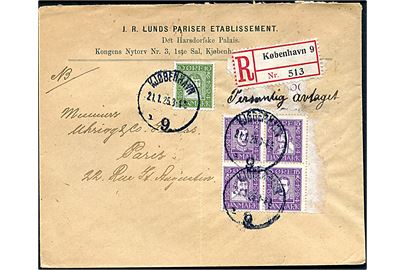 10 øre Chr. IV, samt 15 øre Chr. IV og Chr. X Postjubilæum i sammentrykt fireblok på 70 øre frankeret anbefalet brev fra Kjøbenhavn d. 21.1.1925 til Paris, Frankrig.