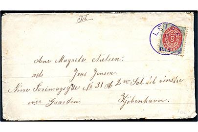 8 øre Tofarvet omv. rm. på brev annulleret med VIOLET lapidar VI stempel Leire d. 19.2.1884 til Kjøbenhavn.