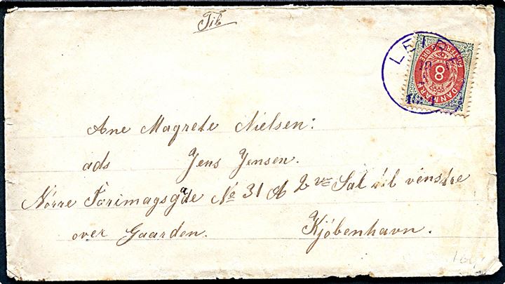 8 øre Tofarvet omv. rm. på brev annulleret med VIOLET lapidar VI stempel Leire d. 19.2.1884 til Kjøbenhavn.