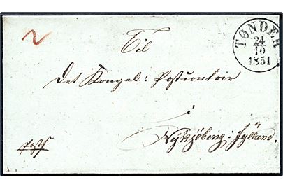 1851. Ufrankeret postsag med antiqua Tønder d. 24.10.1851 til det kgl. postkontor i Nykjøbing i Jylland.
