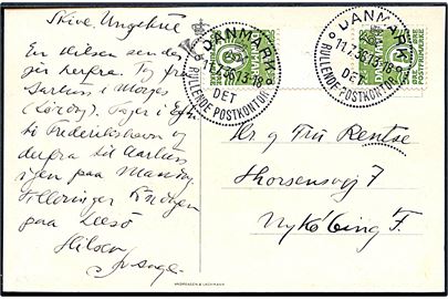 5 øre Bølgelinie i tête-bêche par med mellemstykke på brevkort annulleret med særstempel Danmark * Det rullende Postkontor * d. 11.7.1936 til Nykøbing F. Sendt fra Ungskuet i Skive.
