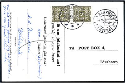 Ufrankeret julekort fra Klaksvig Færøerne d. 14.11.1953 til Thorshavn. Udtakseret i porto med 6 øre Portomærke (par) stemplet Thorshavn d. 14.11.1953.