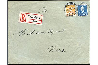 10 øre Bølgelinie og 30 øre H. C. Andersen på anbefalet brev fra Solmundefjord stemplet Thorshavn d. 19.12.1935 til Kalbek. 