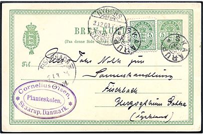 5 øre Våben helsagsbrevkort opfrankeret med 5 øre Våben annulleret med stjernestempel SKAARUP og sidestemplet bureau Nyborg - Svendborg T-26 d. 20.2.1904 til Fischbach, Tyskland.