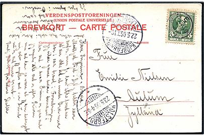 5 øre Chr. IX på brevkort (København, Artillerikasernen i Strandgade) annulleret med stjernestempel LYNGE og sidestemplet bureau Kjøbenhavn - Slangerup T.10 d. 22.5.1906 til Aulum.