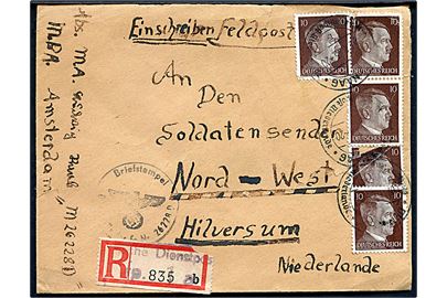 10 pfg. Hitler (5) på anbefalet brev stemplet Haag / Deutsche Dienstpost Niederlande d. 7.1.1945 til Soldatensender Nord-West i Hilversum. Sendt fra feldpost M26228D (= Marine-Flak-Abteilung 813) MPA Amsterdam. 