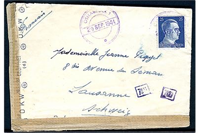 25 pfg. Hitler på brev annulleret med gummi nødstempel Osnabrück 1 d. 29.9.1944 til Lausanne, Schweiz. Åbnet af tysk censur i München. Osnabrück blev bombet af Royal Air Force d. 13.9.1944 hvor store dele af byen blev ødelagt.