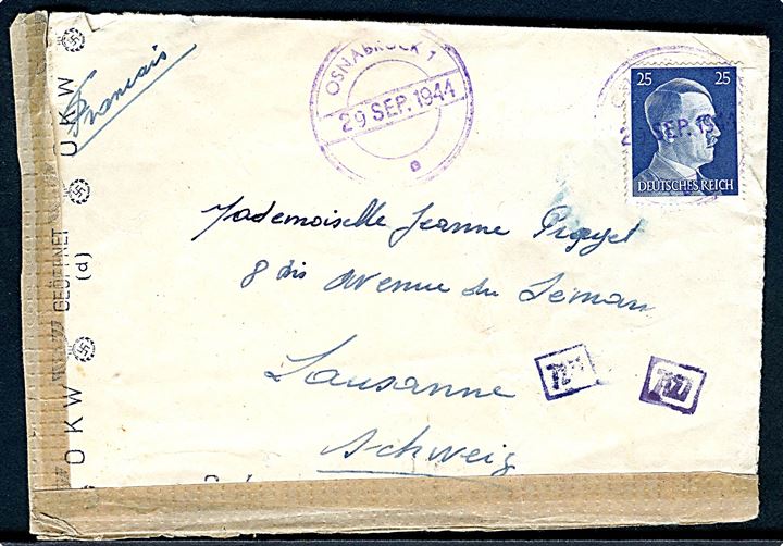 25 pfg. Hitler på brev annulleret med gummi nødstempel Osnabrück 1 d. 29.9.1944 til Lausanne, Schweiz. Åbnet af tysk censur i München. Osnabrück blev bombet af Royal Air Force d. 13.9.1944 hvor store dele af byen blev ødelagt.
